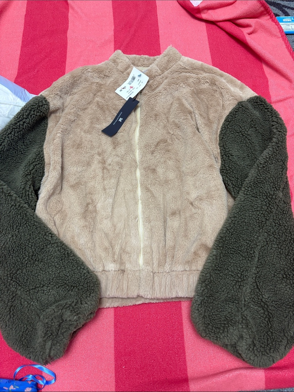 Faux Shearling Zip Jacket in Beige and Olive